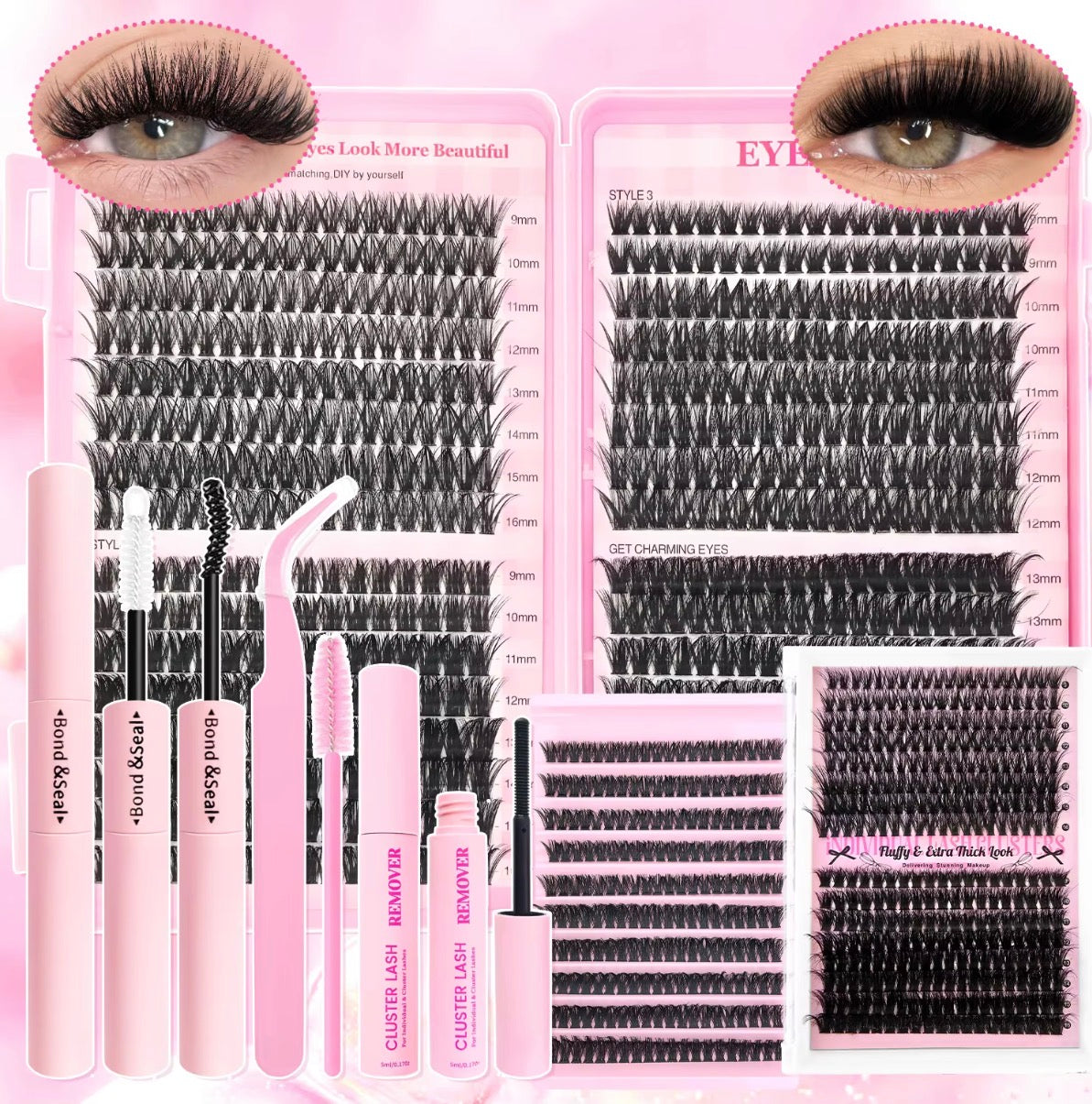 DIY Eyelash Extension Kit 640pcs Clusters 9-16mm Lengths 60D 80D 100D Includes Cluster Lash Bond Seal Remover Applicator
