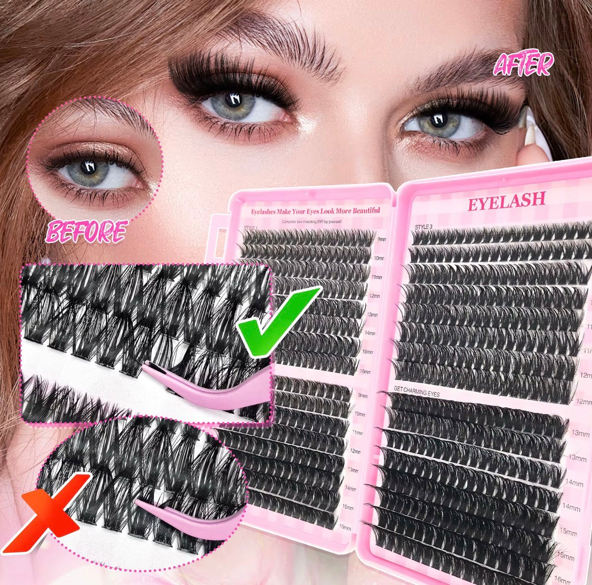 DIY Eyelash Extension Kit 640pcs Clusters 9-16mm Lengths 60D 80D 100D Includes Cluster Lash Bond Seal Remover Applicator