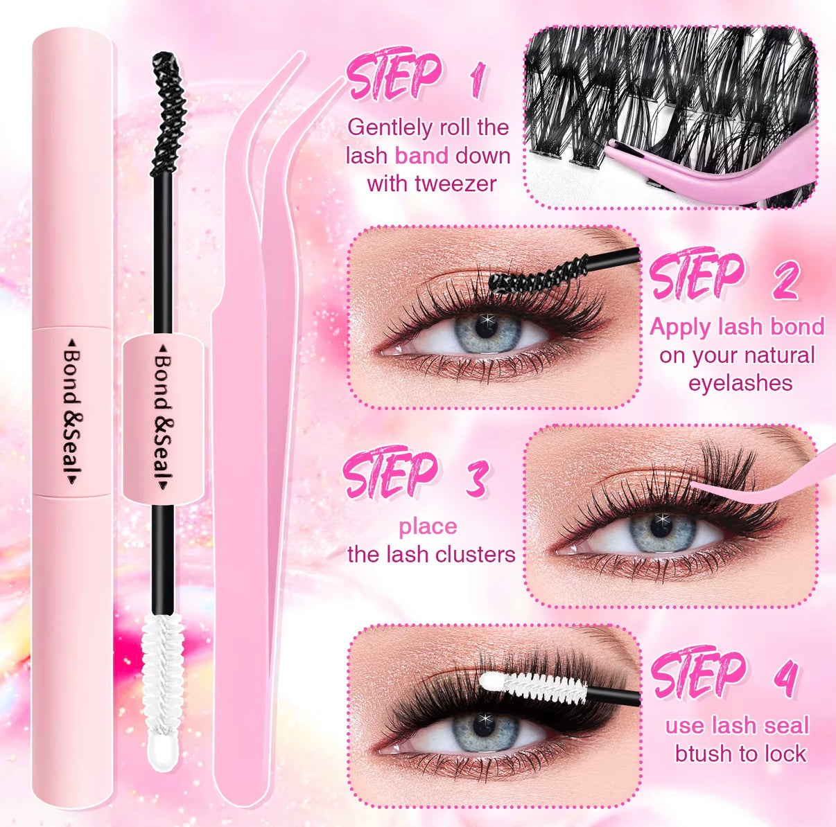 DIY Eyelash Extension Kit 640pcs Clusters 9-16mm Lengths 60D 80D 100D Includes Cluster Lash Bond Seal Remover Applicator