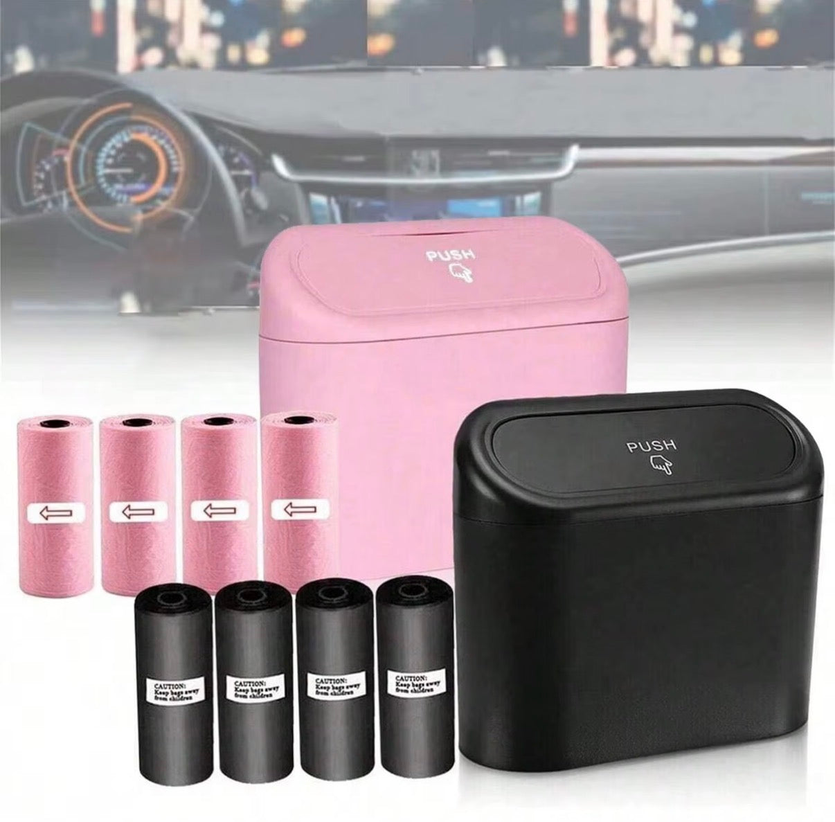 Car trash can with lid - 4 rolls of garbage bag, leak-proof, portable hanging trash can for vehicle organization